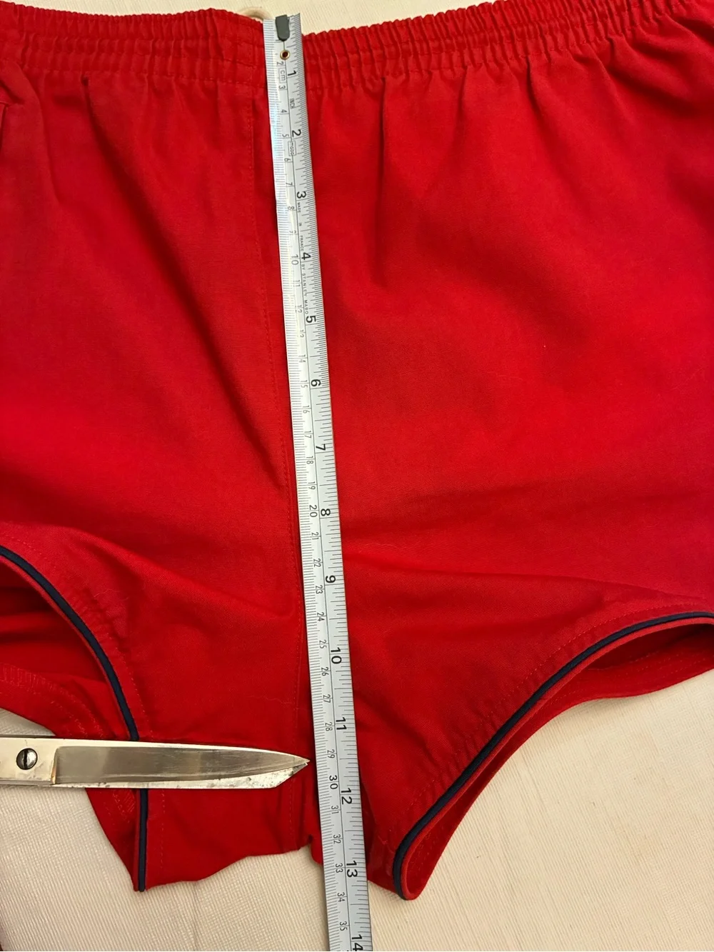 Vintage Christian Dior Men’s Red Dolphin Hem Swim Trunks with Navy Piping